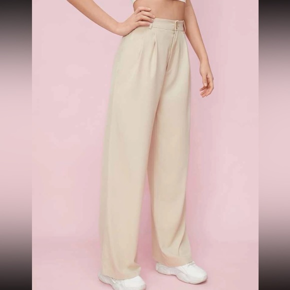 Cream Plicated straight leg trouser pants - button front pleated detail - Picture 4 of 4